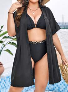 SHEIN Plus Solid Button Front Fold Pleated Detail Shirt Dress - Black - View 5