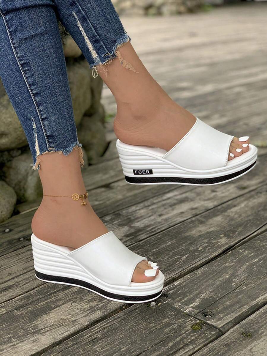 白色凉鞋，女士拖鞋，厚底坡跟鞋，母亲节送给妈妈的礼物鞋，休闲度假风格女鞋，欧美沙滩凉鞋，时尚夏季一脚蹬凉鞋 - 白色 - 查看 1