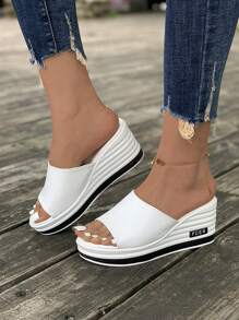 白色凉鞋，女士拖鞋，厚底坡跟鞋，母亲节送给妈妈的礼物鞋，休闲度假风格女鞋，欧美沙滩凉鞋，时尚夏季一脚蹬凉鞋 - 白色 - 查看 2