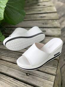 白色凉鞋，女士拖鞋，厚底坡跟鞋，母亲节送给妈妈的礼物鞋，休闲度假风格女鞋，欧美沙滩凉鞋，时尚夏季一脚蹬凉鞋 - 白色 - 查看 4