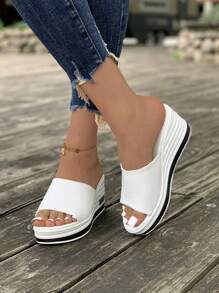 白色凉鞋，女士拖鞋，厚底坡跟鞋，母亲节送给妈妈的礼物鞋，休闲度假风格女鞋，欧美沙滩凉鞋，时尚夏季一脚蹬凉鞋 - 白色 - 查看 5