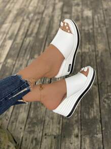 白色凉鞋，女士拖鞋，厚底坡跟鞋，母亲节送给妈妈的礼物鞋，休闲度假风格女鞋，欧美沙滩凉鞋，时尚夏季一脚蹬凉鞋 - 白色 - 查看 6