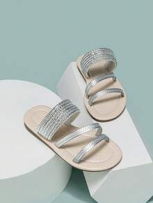 Chicas Zapatillas de color metálico con diseño de puntada fiesta para verano - Plateado - Ver 3