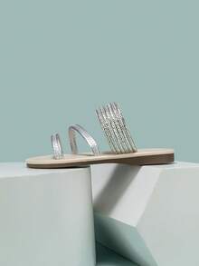 Chicas Zapatillas de color metálico con diseño de puntada fiesta para verano - Plateado - Ver 5