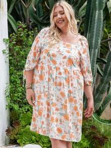 大碼印花方領打結袖口娃娃裙 - 彩色 - 查看 1