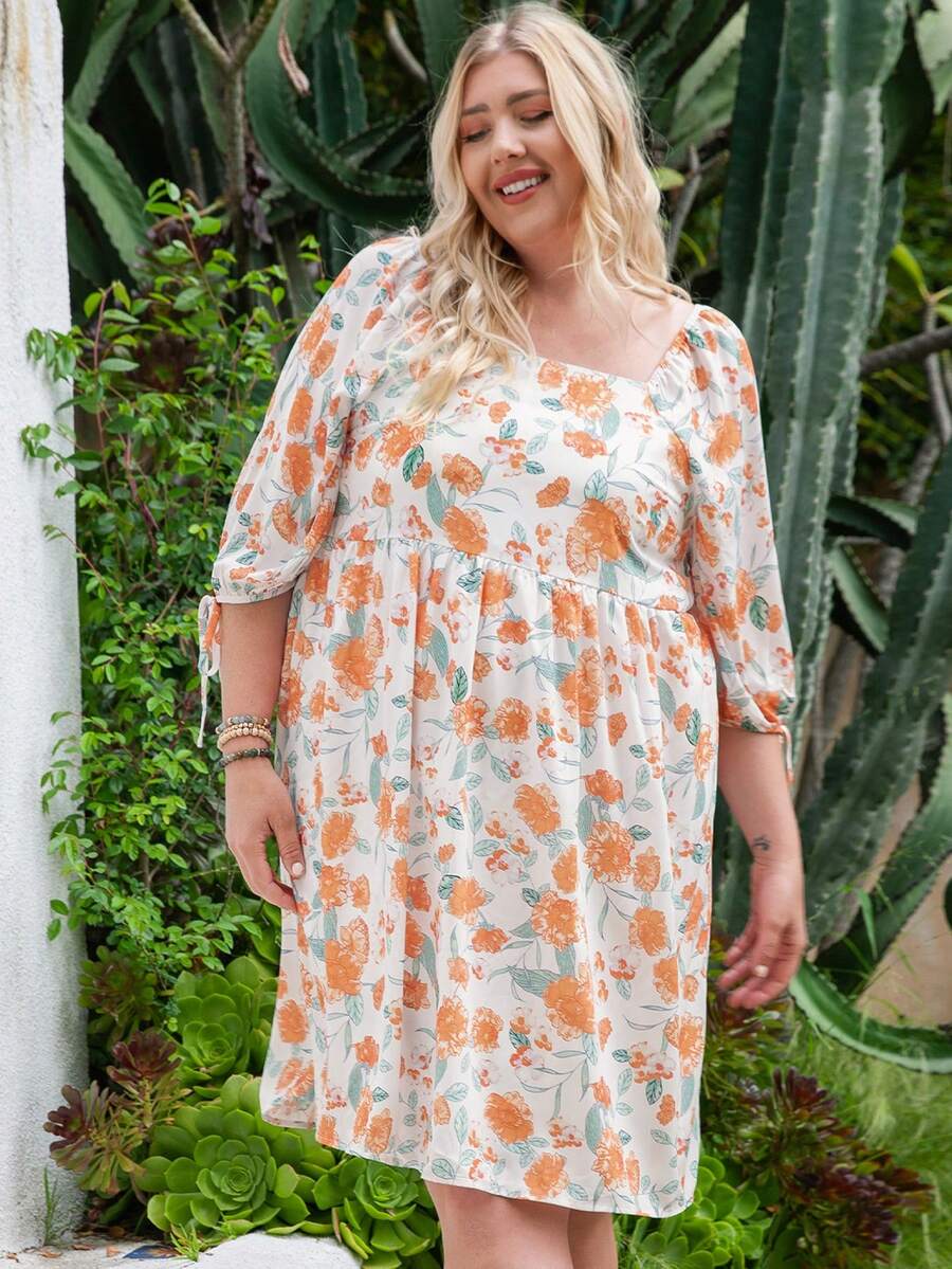 大碼印花方領打結袖口娃娃裙 - 彩色 - 查看 1