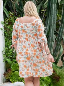 大碼印花方領打結袖口娃娃裙 - 彩色 - 查看 2