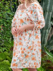 大碼印花方領打結袖口娃娃裙 - 彩色 - 查看 4