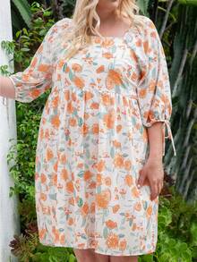 大碼印花方領打結袖口娃娃裙 - 彩色 - 查看 5