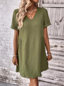 Vestido túnico unicolor de cuello V - Verde militar - Ver 1