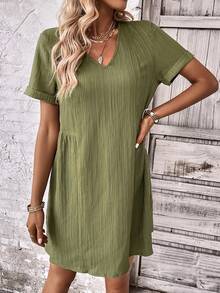 Vestido túnico unicolor de cuello V - Verde militar - Ver 5