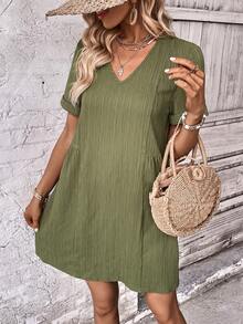 Vestido túnico unicolor de cuello V - Verde militar - Ver 6