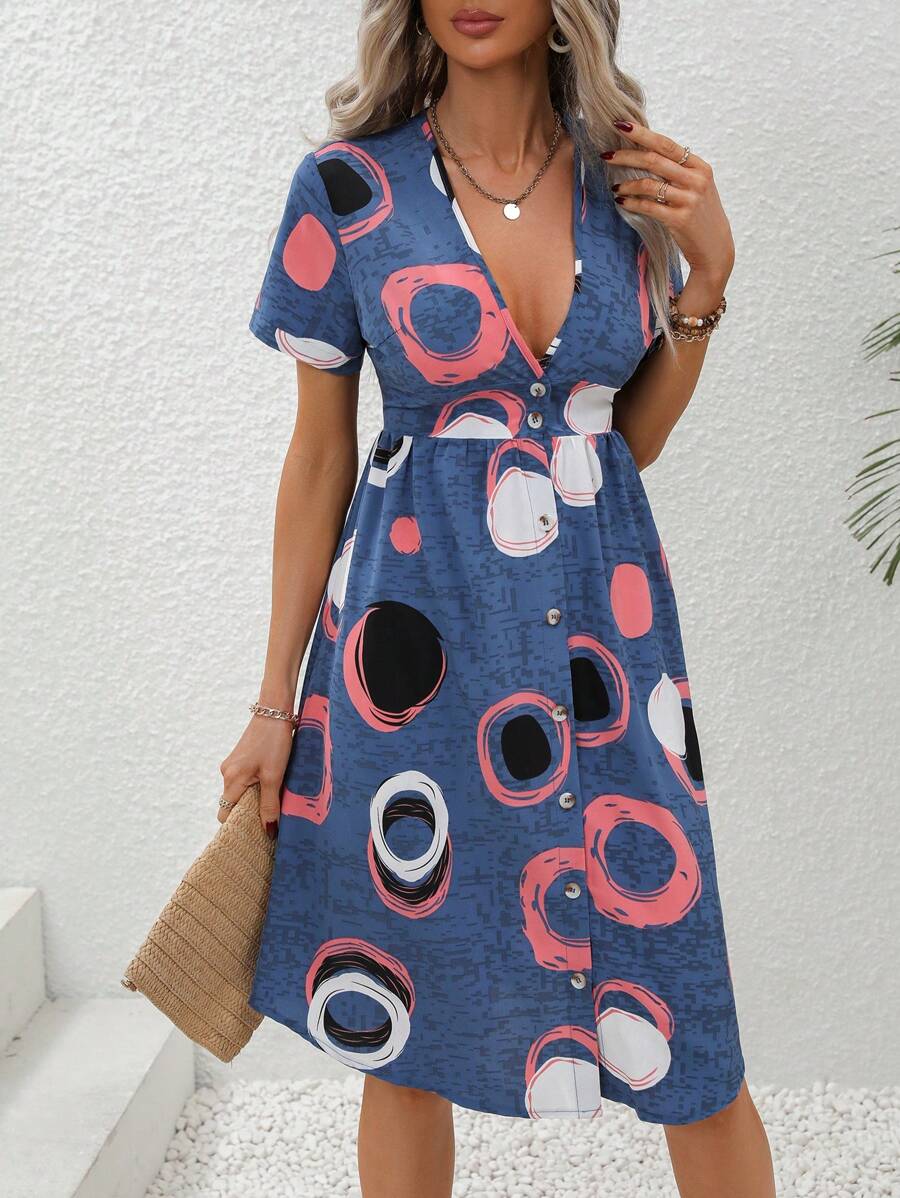 SHEIN LUNE Geo Print Plunge Neck Dress - Blue - View 1