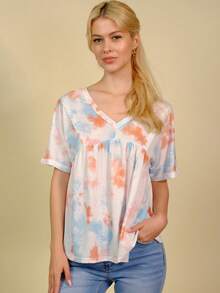 紮染V領T恤 - 杏色 - 查看 1