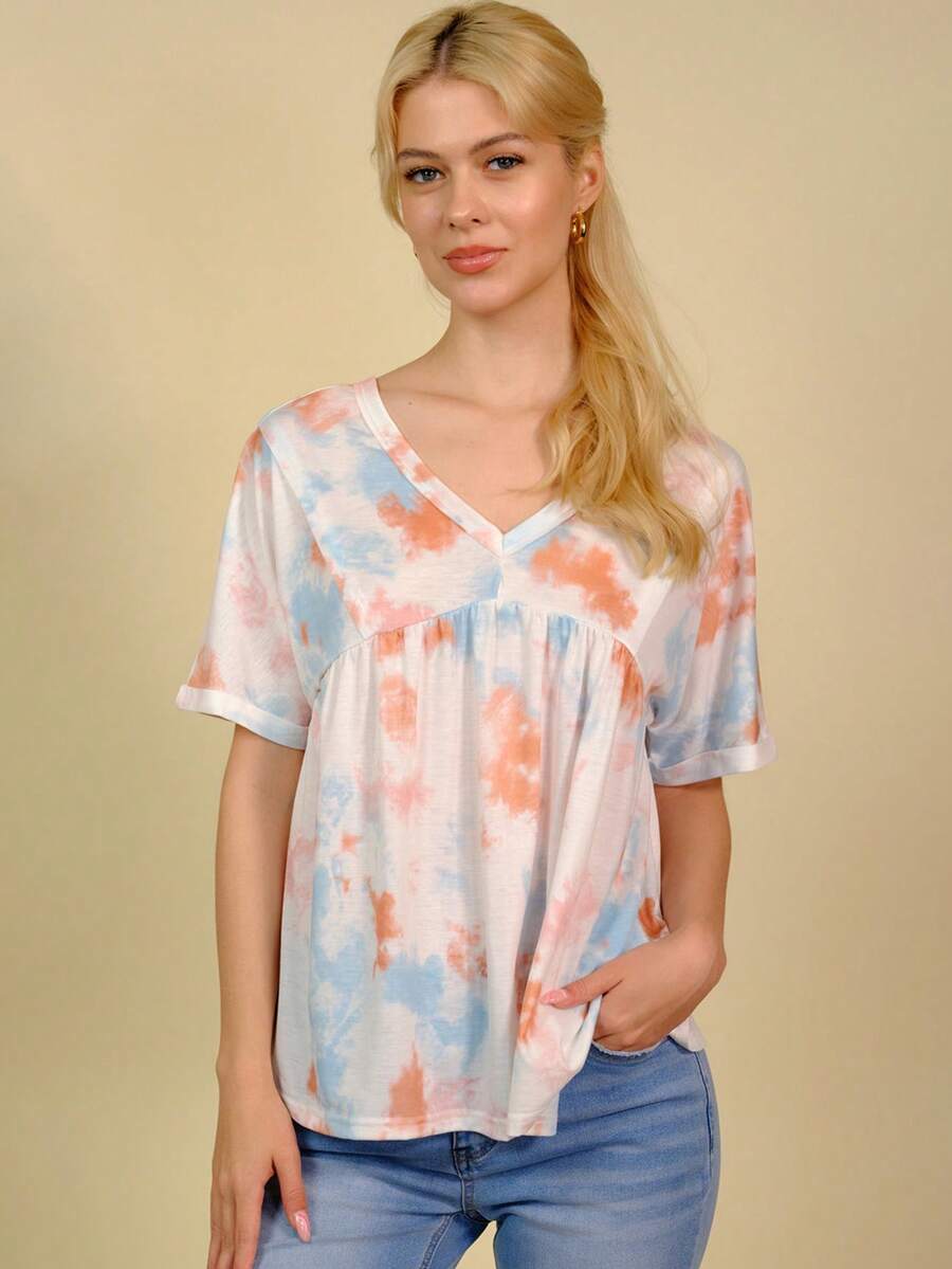 紮染V領T恤 - 杏色 - 查看 1