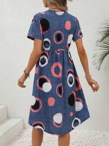 SHEIN LUNE Geo Print Plunge Neck Dress - Blue - View 2