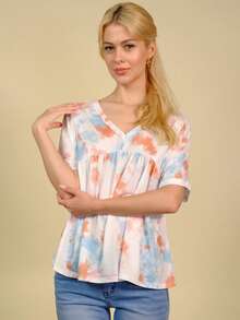 紮染V領T恤 - 杏色 - 查看 4