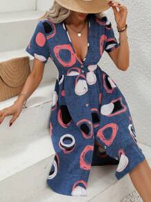 SHEIN LUNE Geo Print Plunge Neck Dress - Blue - View 6