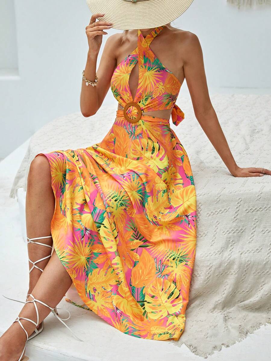 SHEIN VCAY Đầm Lộ Lưng Hội Chữ thập Nhẫn Buộc lại Nhiệt đới Boho - Nhiều màu - Xem 1