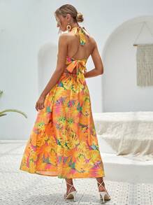 SHEIN VCAY Đầm Lộ Lưng Hội Chữ thập Nhẫn Buộc lại Nhiệt đới Boho - Nhiều màu - Xem 2