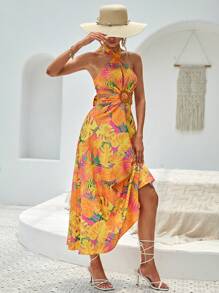 SHEIN VCAY Đầm Lộ Lưng Hội Chữ thập Nhẫn Buộc lại Nhiệt đới Boho - Nhiều màu - Xem 3