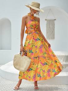 SHEIN VCAY Đầm Lộ Lưng Hội Chữ thập Nhẫn Buộc lại Nhiệt đới Boho - Nhiều màu - Xem 4