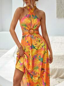 SHEIN VCAY Đầm Lộ Lưng Hội Chữ thập Nhẫn Buộc lại Nhiệt đới Boho - Nhiều màu - Xem 5