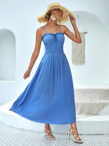 SHEIN VCAY 褶邊前繫帶吊帶連衣裙 - 藍色 - 查看 2