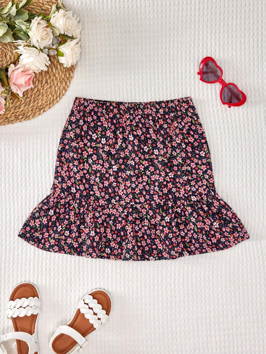 青少年女孩碎花荷葉邊半身裙