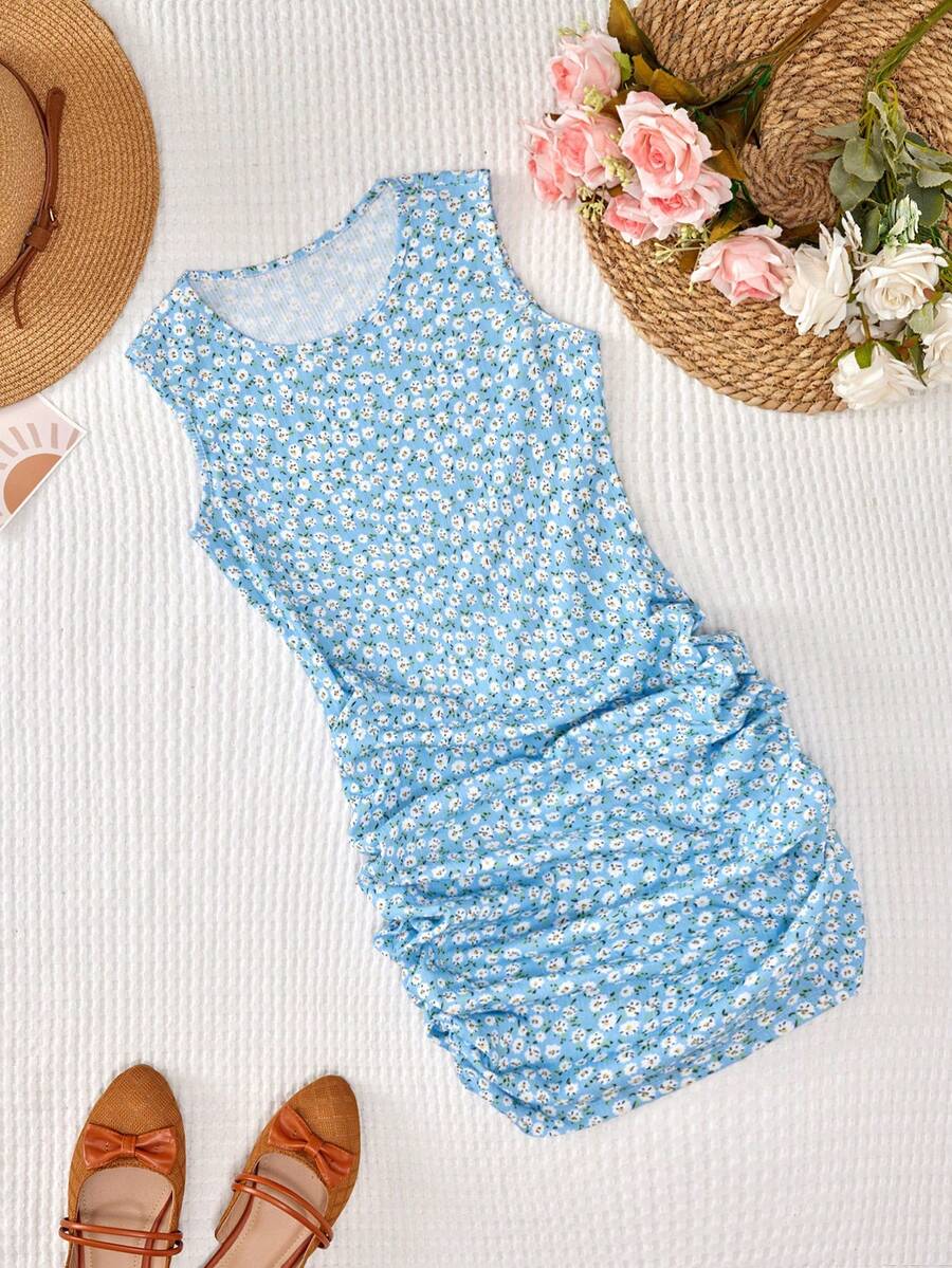 RueChic 青少年女孩碎花側收褶背心連衣裙 - 淺藍色 - 查看 1