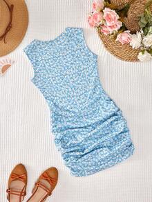 RueChic 青少年女孩碎花側收褶背心連衣裙 - 淺藍色 - 查看 2