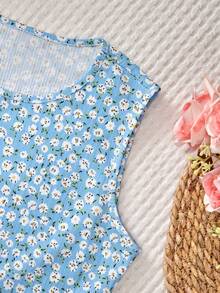 RueChic 青少年女孩碎花側收褶背心連衣裙 - 淺藍色 - 查看 3