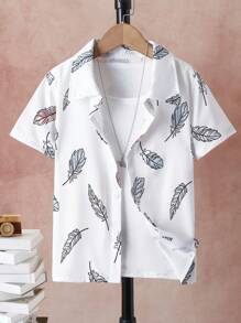 SHEIN 男孩羽毛印花襯衫不帶T恤 - 白色 - 查看 1