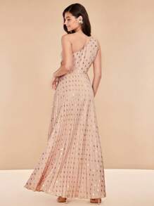 SHEIN Belle In chấm vàng Một bờ vai Mặt trước xoắn Viền xếp Váy phù dâu - Màu be - Xem 3