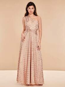 SHEIN Belle In chấm vàng Một bờ vai Mặt trước xoắn Viền xếp Váy phù dâu - Màu be - Xem 5