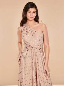 SHEIN Belle In chấm vàng Một bờ vai Mặt trước xoắn Viền xếp Váy phù dâu - Màu be - Xem 4