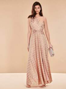SHEIN Belle In chấm vàng Một bờ vai Mặt trước xoắn Viền xếp Váy phù dâu - Màu be - Xem 7