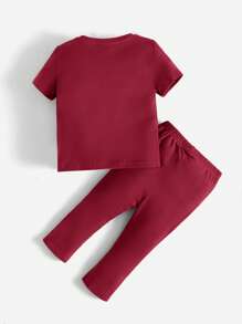 SHEIN Leap Crew Baby Letter Patched Tee & Split Hem Trousers - Burgundy - View 2