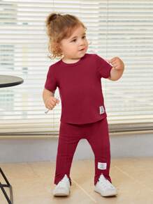 SHEIN Leap Crew Baby Letter Patched Tee & Split Hem Trousers - Burgundy - View 3