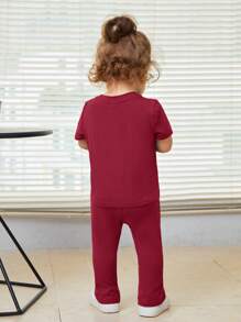 SHEIN Leap Crew Baby Letter Patched Tee & Split Hem Trousers - Burgundy - View 9