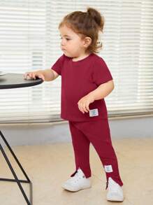 SHEIN Leap Crew Baby Letter Patched Tee & Split Hem Trousers - Burgundy - View 10