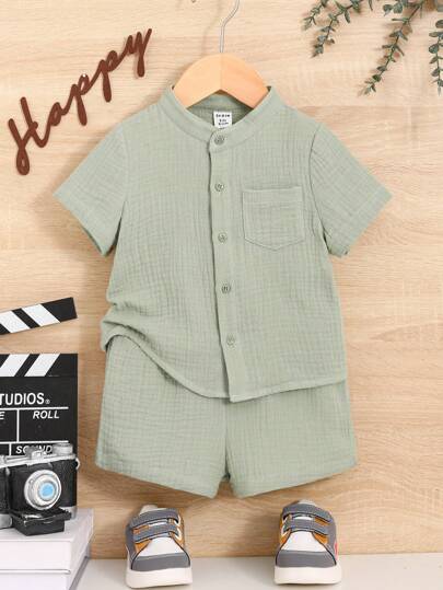 Baby Boy Patched Pocket Shirt And Shorts Casual Outfit, Summer