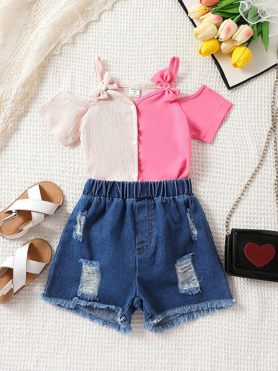 小女童雙色前蝴蝶結挖肩上衣和破洞毛邊短褲 - 彩色 - 查看 1