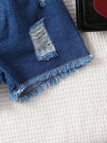 小女童雙色前蝴蝶結挖肩上衣和破洞毛邊短褲 - 彩色 - 查看 3