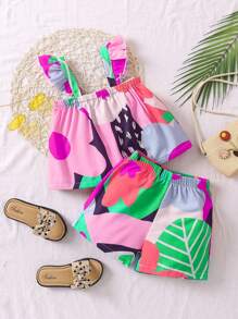 Niñas Shorts con top de tirantes con estampado tropical ribete con fruncido - Multicolor - Ver 1