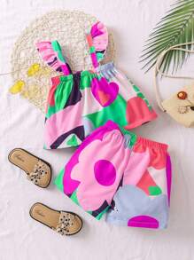 Niñas Shorts con top de tirantes con estampado tropical ribete con fruncido - Multicolor - Ver 2