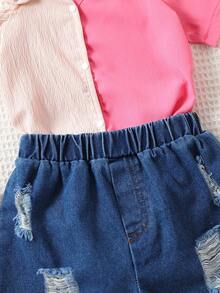 小女童雙色前蝴蝶結挖肩上衣和破洞毛邊短褲 - 彩色 - 查看 4