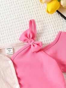 小女童雙色前蝴蝶結挖肩上衣和破洞毛邊短褲 - 彩色 - 查看 6