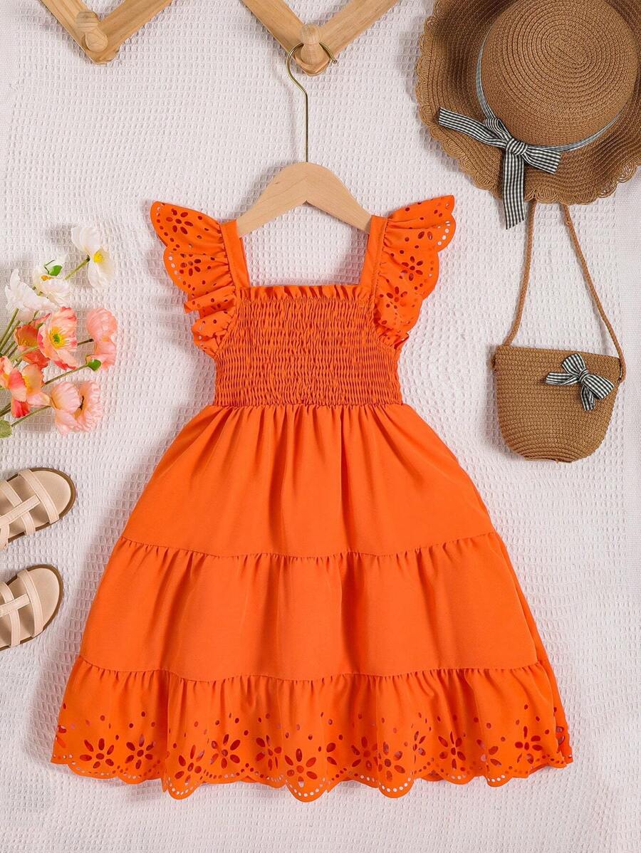 Elladie kids Young Girl Eyelet Embroidery Trim Ruffle Hem Dress Summer Holiday