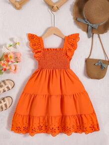 Elladie kids Young Girl Eyelet Embroidery Trim Ruffle Hem Dress Summer Holiday